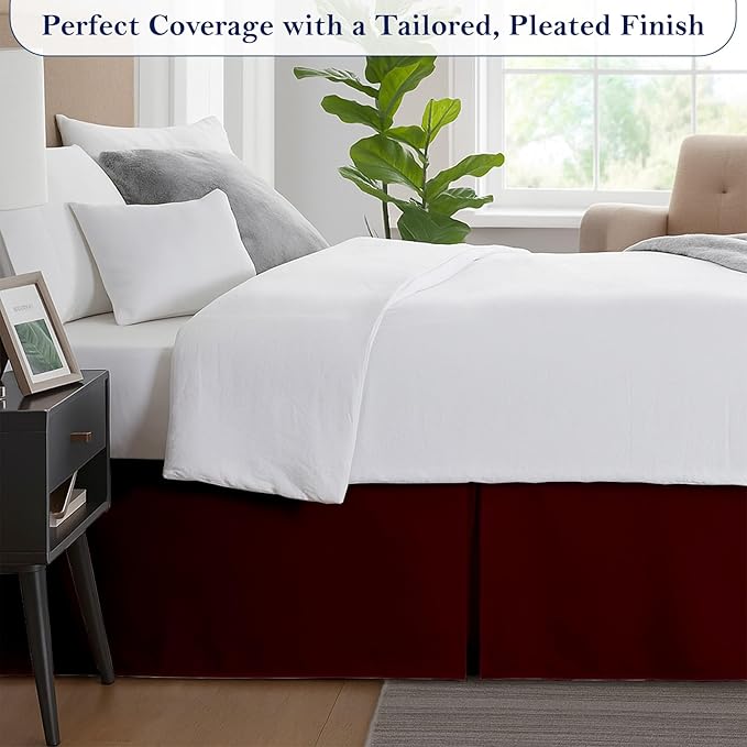 King Bed Skirt, Luxury 14 Inch Drop Burgundy Pleated Bed Skirt, Double Brushed Microfiber, Box Pleat Design, Wrinkle & Fade Resistant, Easy Fit Tailored Bedskirt for King Size Beds