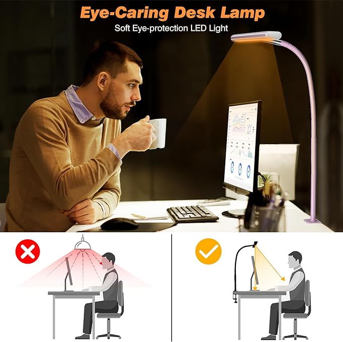 Airlonv LED Desk Lamp for Office Home, Eye-Caring Desk Light with Stepless Dimming Adjustable Flexible Gooseneck, 10W USB Adapter Desk Lamp with Clamp for Reading, Study, Workbench (Pink)