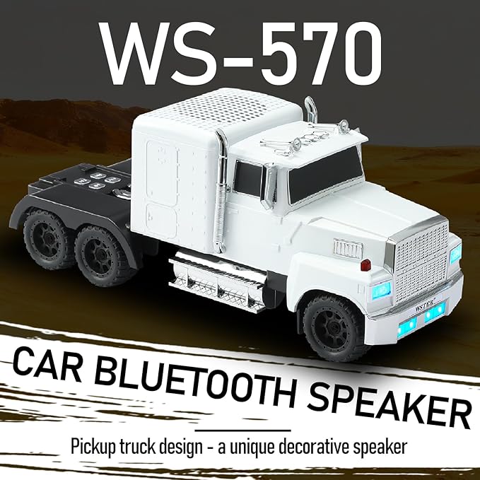 WSTER American Truck Bluetooth Speaker with HD Sound, TWS Pairing, LED Party Light, Operation Panel, Built-in Mic, Portable Car Model Speaker for Parties, Beach, Outdoor Activities (White)