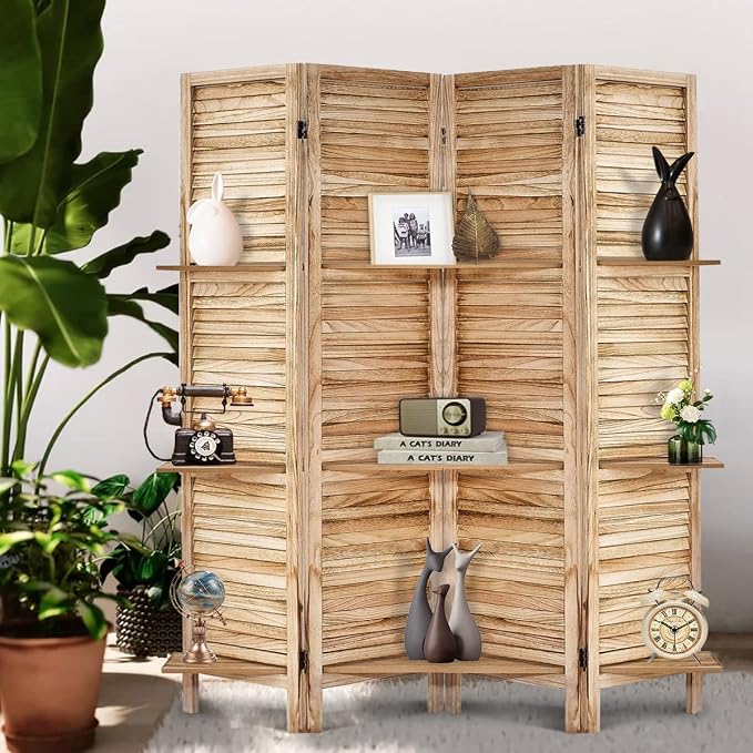 Room Divider with Shelves, 4 Panel Natural Privacy Screen | Partition Room - Image 9