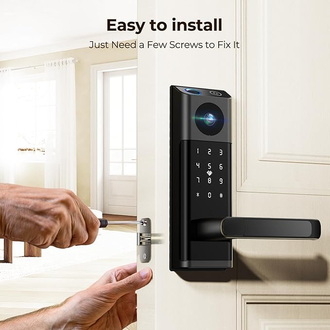 Video Smart Lock with Camera & Doorbell, 5-in-1 Keyless Entry Door Lock with Handle, Fingerprint+Keypad Code+App Remote Control+IC Card, Auto Lock, Wi-Fi Smart Deadbolt for Front Door, Apartment