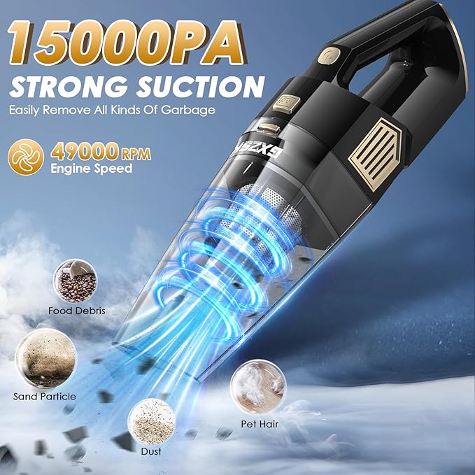 Gxzsk Handheld Vacuum Cordless, 15000PA Strong Suction Hand Held Car Vacuum Cleaner Rechargeable, Portable Hand Vacuum with Multi-Nozzles & Washable Filter for Home Office, Car, Pets