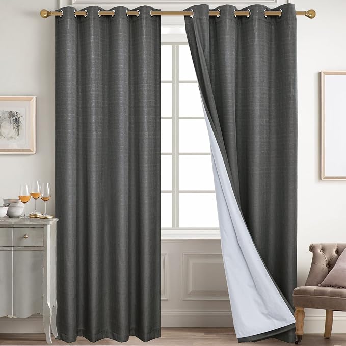 Diraysid 100% Blackout Curtains Dark Grey Linen Curtains - Image 2