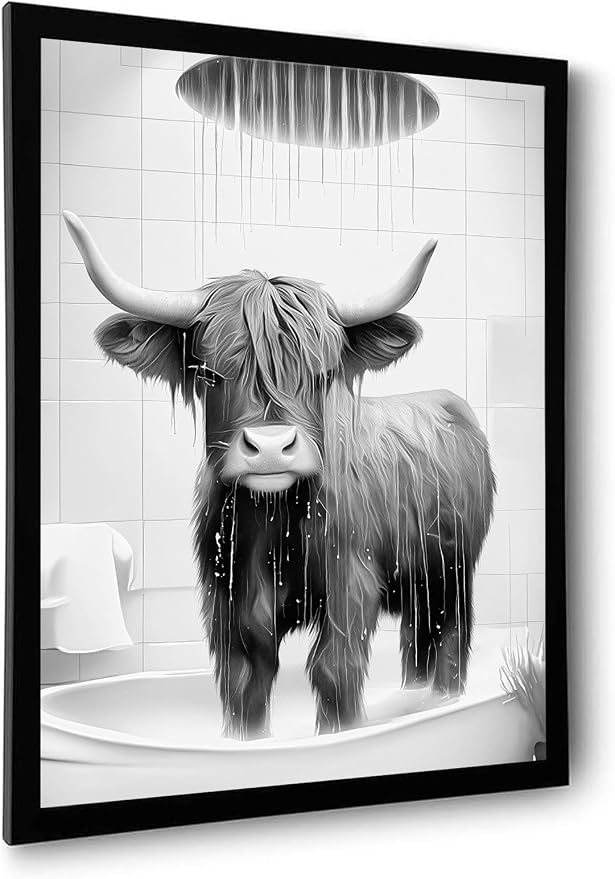 OIQArtOIQ Funny Bathroom Framed Wall Art Black and White Animal Canvas Wall Art by OIQArtOIQ