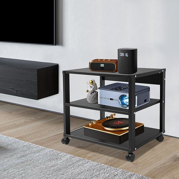 3-Tier AV Media Stand Rack, Black Rolling Stereo Audio Rack Stand with Wheels, Mobile & Space-Saving Design, Perfect for Speakers, DVD Players, Amplifiers (19.7 * 15.7 * 19.1in)