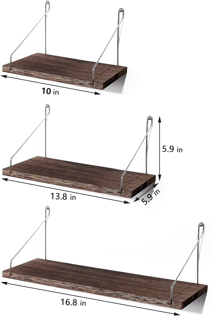Floating Wall Shelves, Rustic Wood Wall Mounted Shelf Set of 3 | No Drill - Image 7
