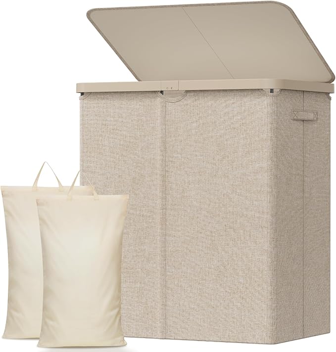 Lifewit 145L Laundry Basket with Lid, Large Laundry Hamper with Plastic Handles and Removable Bag, Foldable Tall Dirty Clothes Hampers for Laundry for Laundry Room, Bedroom, Bathroom, Dorm, Beige