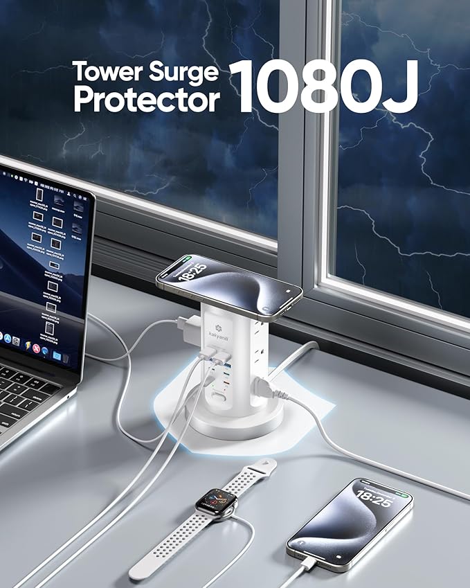 Kakyanill 115W USB Charging Station, Surge Protector Power Strip Tower, 9 AC Outlets with 8 USB Ports(4 USB-C), 6Ft Flat Plug Retractable Extension Cord, for Home Office Dorm, White
