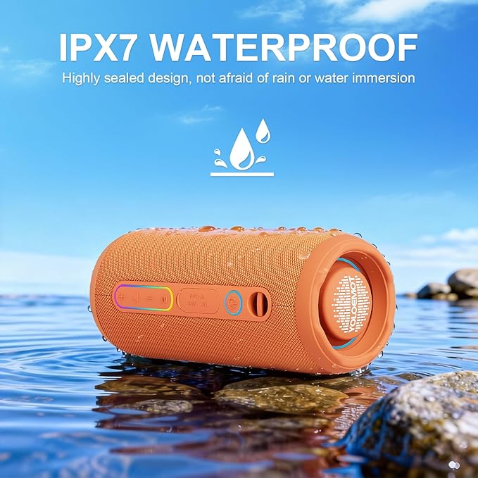 YOLOEMOT Shower Bluetooth Speaker Waterproof, Powerful Deep Bass, Wireless Stereo Pairing, IPX7 Waterproof Dustproof,12H Playtime, Outdoor Bluetooth Speakers for Travel, Sport, Party, Biking (Orange)