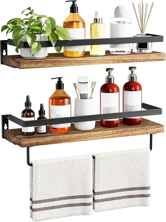 Amada Bathroom Shelves with Towel Bar, Rustic Brown | Floating Shelves with by AMADAHOMEFURNISHING