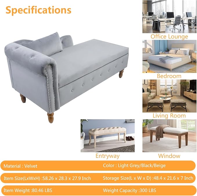 Aoowow Velvet Bedroom Storage Bench End of Bed, Rolled Arm Couch Indoor Chaise - Image 2