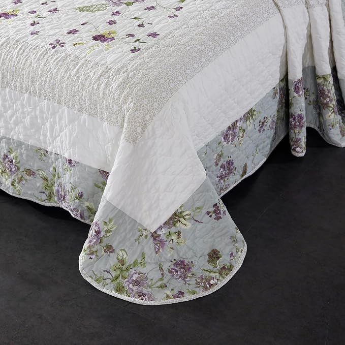 ROOMLIFE Quilt Set King Size 3D Floral Embroidery Pattern 3-Piece Cotton - Image 4