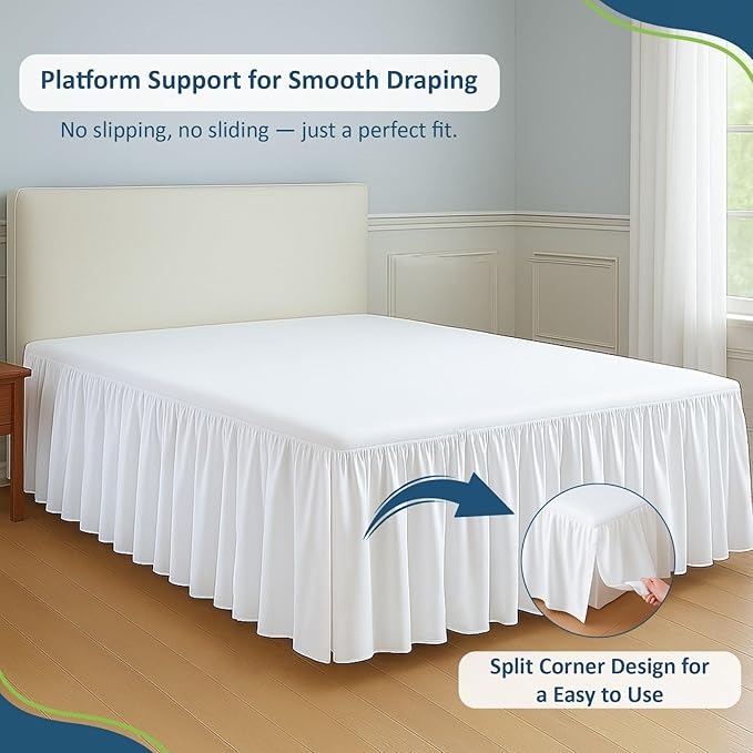 Rajlinen Ruffled Bed Skirt King, 16 Inch Drop Dust Ruffle with Split Corners, 100% Microfiber Bedskirt with Platform, Three-Sided Coverage Ruffled Gathering Design, White