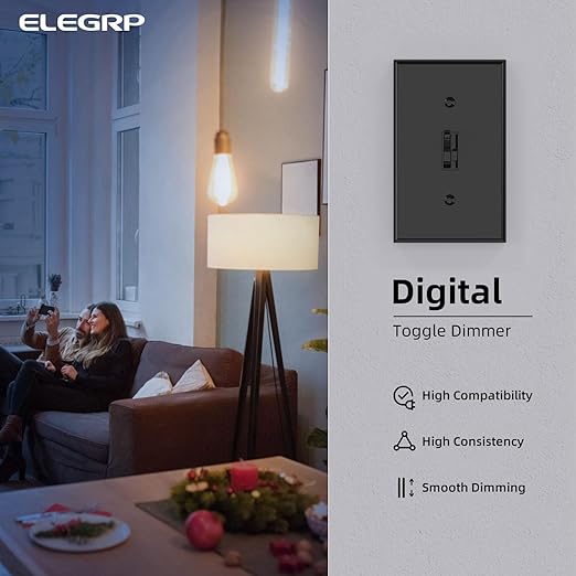 ELEGRP Digital Toggle Dimmer Switch for Dimmable LED, CFL and Incandescent Light Bulbs, Single Pole or 3-Way Toggle LED Dimmer Light Switch, Wall Plate Included, UL Listed, 2 Pack, Black