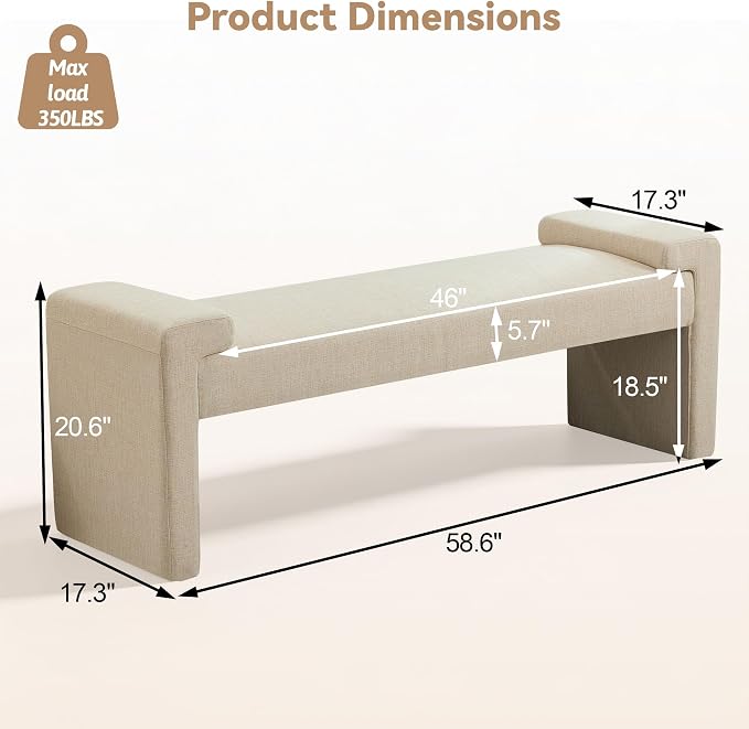 Upholstered Entryway Bench, 58.7" Modern Bedroom Bench, Camel | Curved Armrests - Image 2