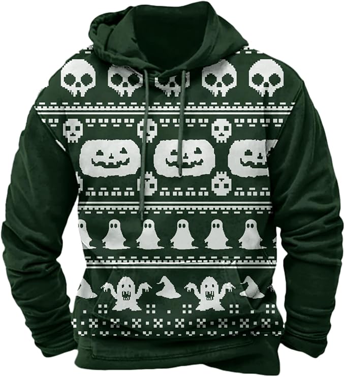 Halloween Hoodie Men Graphic Pumpkin Ghost Printed Sweatshirt Casual Trendy Long Sleeve Halloween Hooded Tops with Pockets