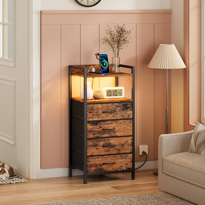 Night Stand with Charging Station, 4 Drawer Tall Bedside Table | small dresser - Image 6