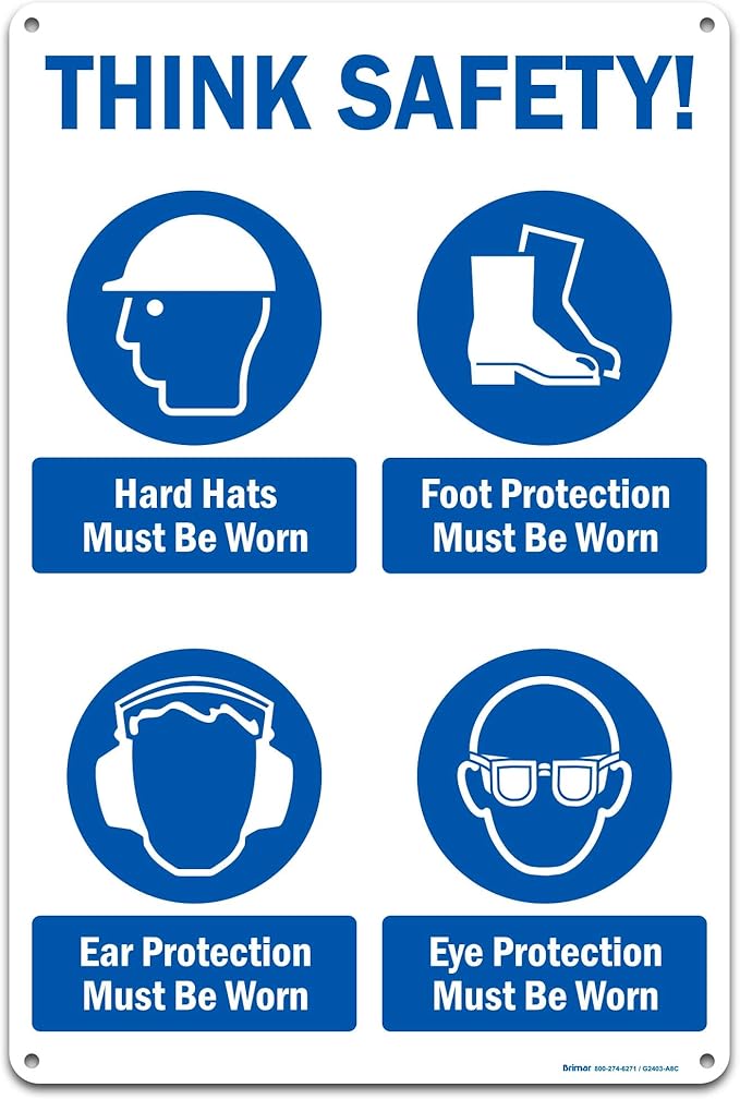 Brimar - 12" x 18" - Think Safety PPE Must Be Worn Sign - .063″ White Rust-Free Aluminum - Comprehensive Message - Easy Installation