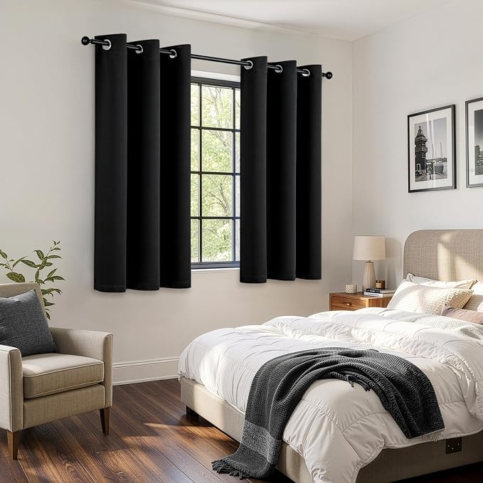 Short Black Blackout Kitchen Curtain W40 x L54 Inch 2 Panels | Thermal Insulated - Image 6