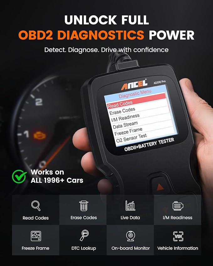 ANCEL AD310 Pro 2-in-1 OBD2 Scanner & Car Battery Tester, Diagnostic Tool with Bluetooth APP for iPhone & Android, Performance Test, Trip Analysis, Engine Health Self Check for All 1996+ Vehicles