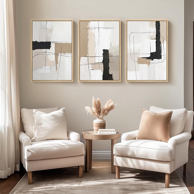 Framed Neutral Abstract Wall Art Set of 3, Modern Black and White Beige Canvas - Image 5
