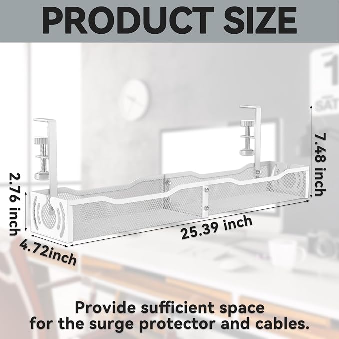 Cable Management, 25.3'' Under Desk Cable Management Tray No Drill | Metal - Image 3