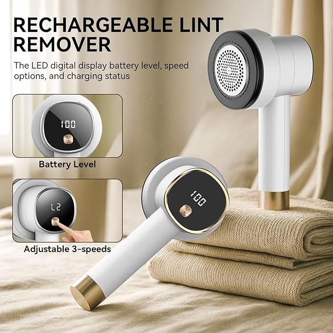 Smyeviva Rechargeable Fabric Shaver for Clothes: 6-Leaf Blades & 3 Speeds to Remove Pilling, Fuzz & Lint Balls - with LED Display, Portable Electric Lint Remover for Sweater, Couch, Blanket, Furniture