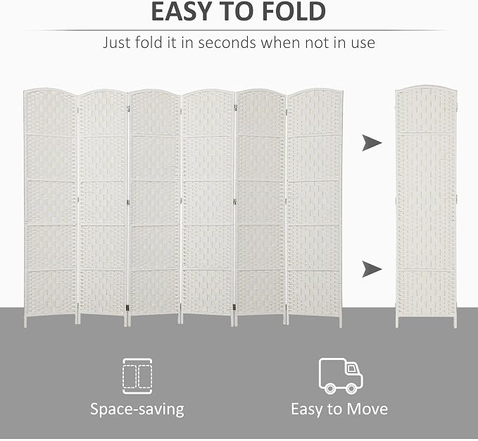 HOMCOM Room Divider 6 Panel Freestanding 6FT Tall Privacy Screen White | - Image 3