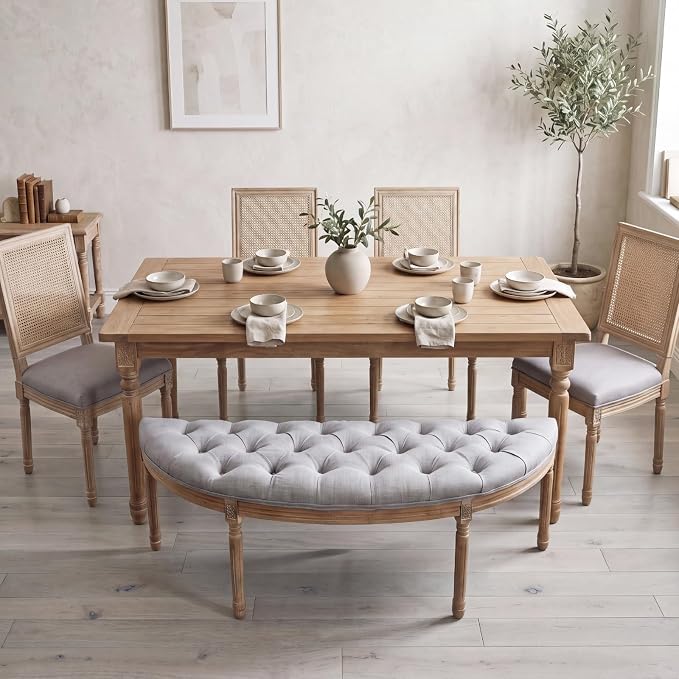 chairus 55" Button Tufted Semi-Circle Dining Bench Linen Halfmoon Entryway - Image 2