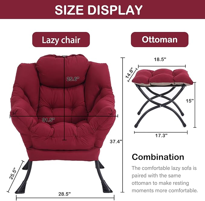 Lazy Chair with Ottoman, Comfy Accent Reading Chair, Burgundy | Foldable - Image 3