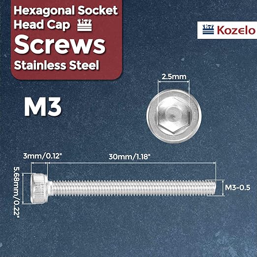 Kozelo 100pcs Socket Head Cap Screws - [M3-0.5 x 30mm] 304 Stainless Steel Allen Socket Drive for Electrical Motor 3D Printing Fan Engine Replacement Use, Silver