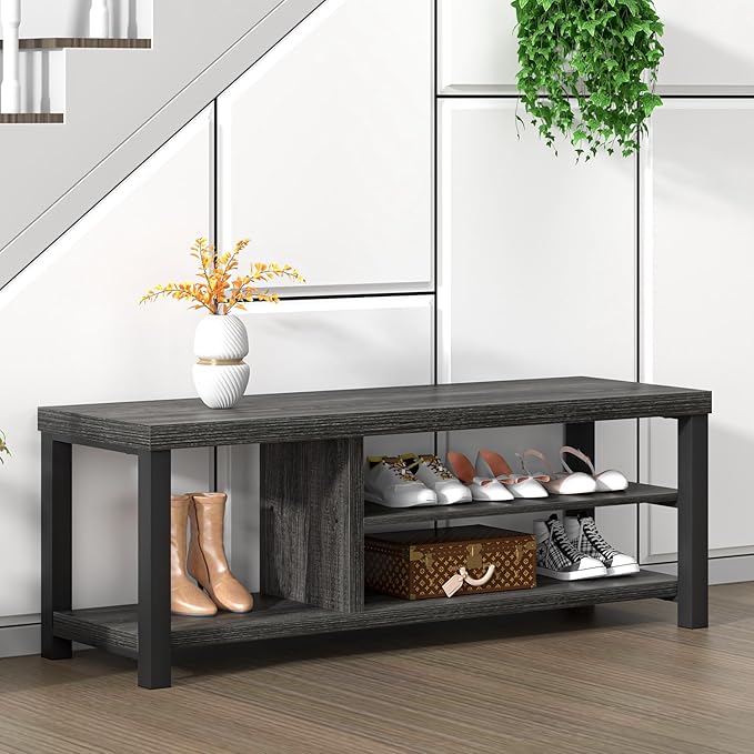 FOLUBAN Entryway Bench with Shoe Storage, Vintage End of Bed Bench, Rustic Wooden Entry Bench for Hallway Front Door Entrance, Industrial Indoor Bench for Bedroom Living Room, Dark Gray, 47 Inch