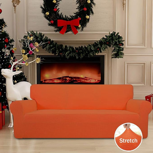 Easy-Going Stretch Sofa Slipcover 1-Piece Sofa Cover Furniture Protector Couch Soft with Elastic Bottom for Kids, Polyester Spandex Jacquard Fabric Small Checks (Sofa, Orange)
