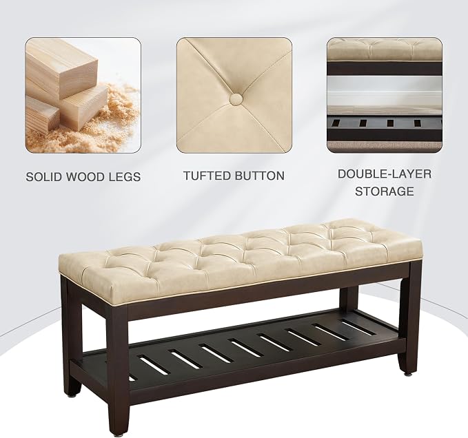 LOULENS 44'' Leather Storage Bench, Modern Upholstered Ottoman, Ivory | Solid - Image 7