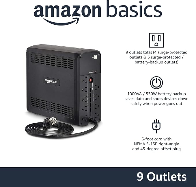 Amazon Basics UPS Battery Backup & Surge Protector 1000VA/550W, 9 Outlets, Line Interactive Uninterruptible Power Supply, for Power Outage Protection, Black