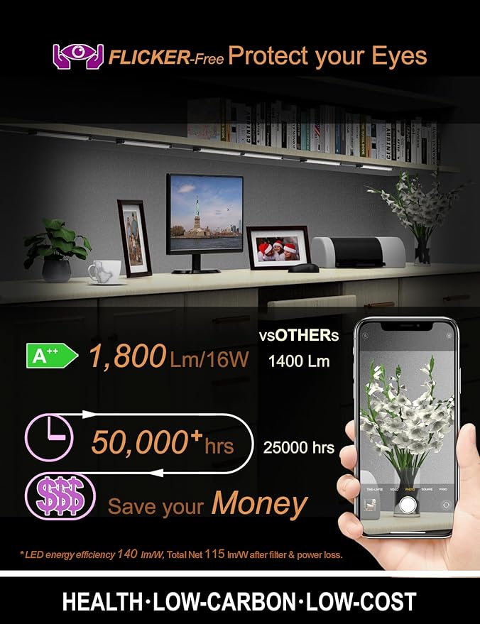 EBD LED Under Cabinet Lighting 4-Way Parallel Connection Display Case Lights Touch Kitchen Counter Light Bar 4 Panels 1800 Lm 6500K Energy Super Bright for Pantry Garage Closet Bookcase & Shelf
