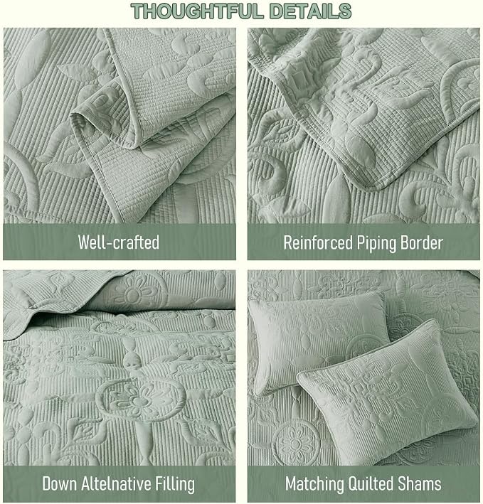 Sage Green Damask Quilt Queen Size Bedding Sets - Image 6