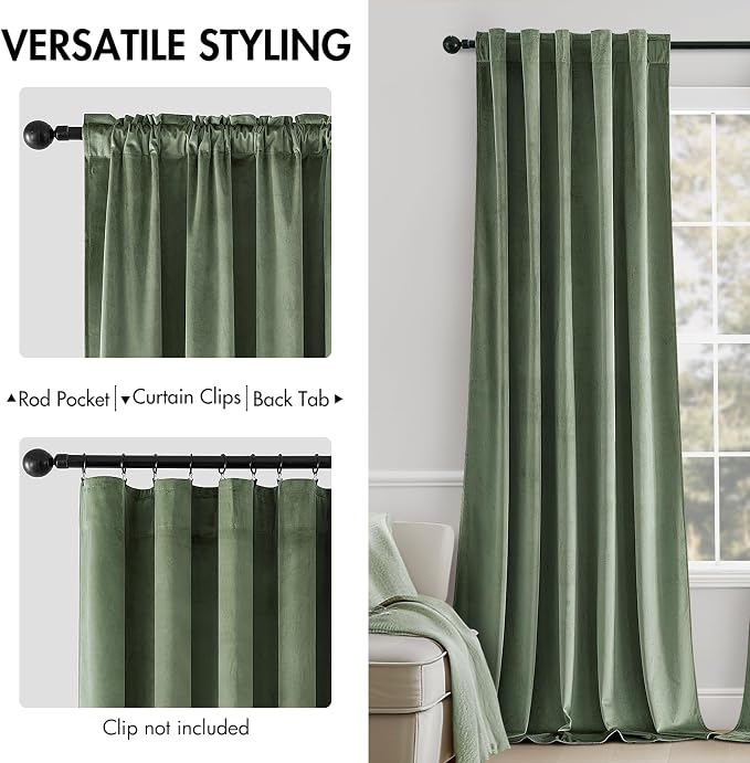 MIULEE Sage Green Velvet Curtains 52x108 inches Luxury Blackout Curtains | - Image 2