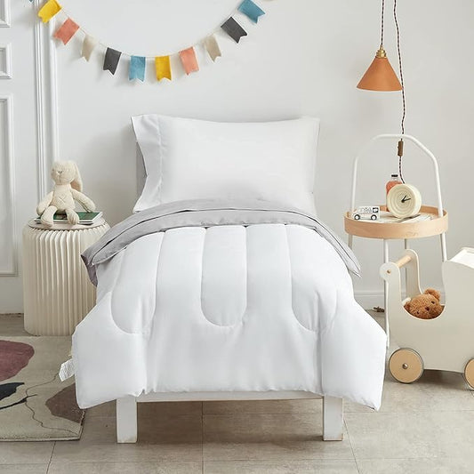 UOZZI BEDDING 4 Pieces Toddler Bedding Set Ultra Soft and Breathable Toddler Sheet Set - Includes Comforter, Flat Sheet, Fitted Sheet and Pillowcase - White & Gray