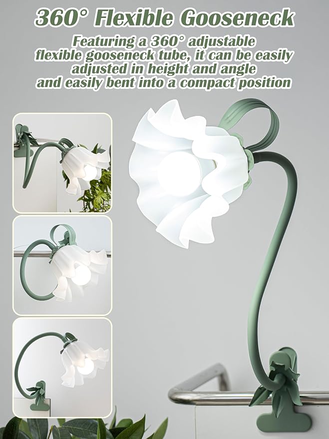 Clip on Light Flower Desk Lamp, LED Reading Light 3 Color Modes Eye-Caring Book - Image 3