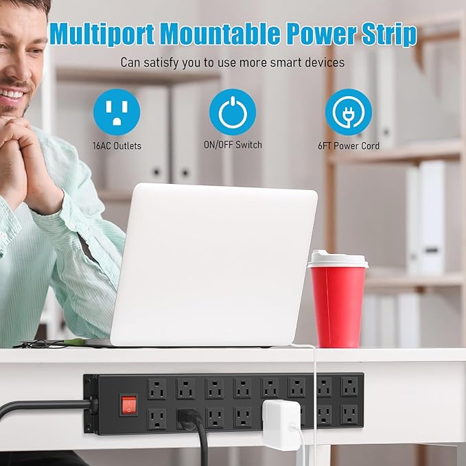 HHSOET Metal 16 Outlet Mountable Power Strip, Wall Mount Garage Workbench Socket, Gaming Table Surge Protector with 6 FT Power Cord.(Black)