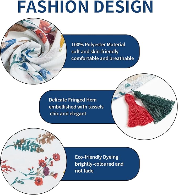 Scarf for Women Lightweight Soft Floral Leopard Printed Scarves Fall Winter Fashion Shawl Wrap with Fringe