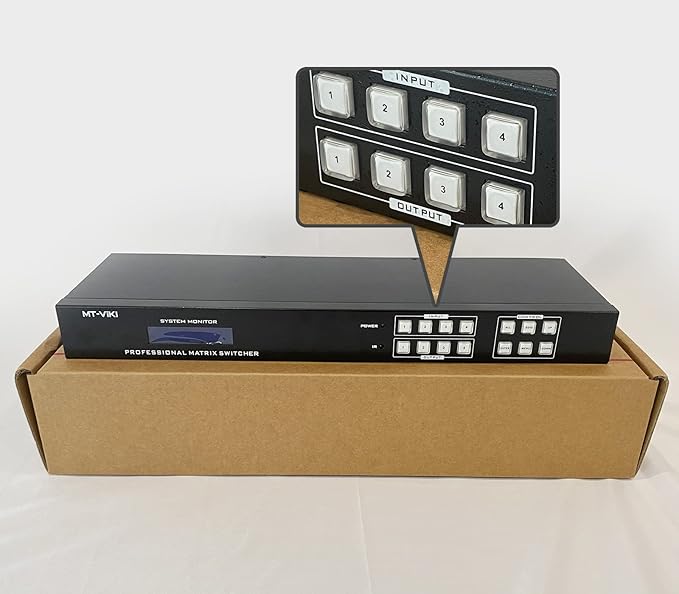 MT-VIKI 4K HDMI Matrix Switch 4x4 with 3.5mm Stereo Audio Extractor +Web GUI, Rack Mount Switcher & Splitter, 4K@30Hz, EDID, RS232, LAN Port, APP (4 in 4 Out)