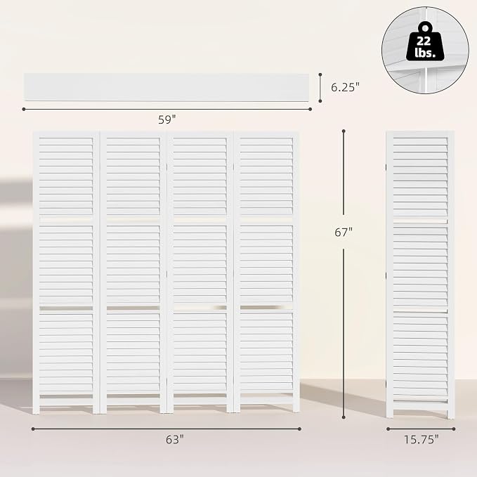HOMCOM Room Divider 4 Panel 67" Tall Privacy Screen 3 Display Shelves White | - Image 7