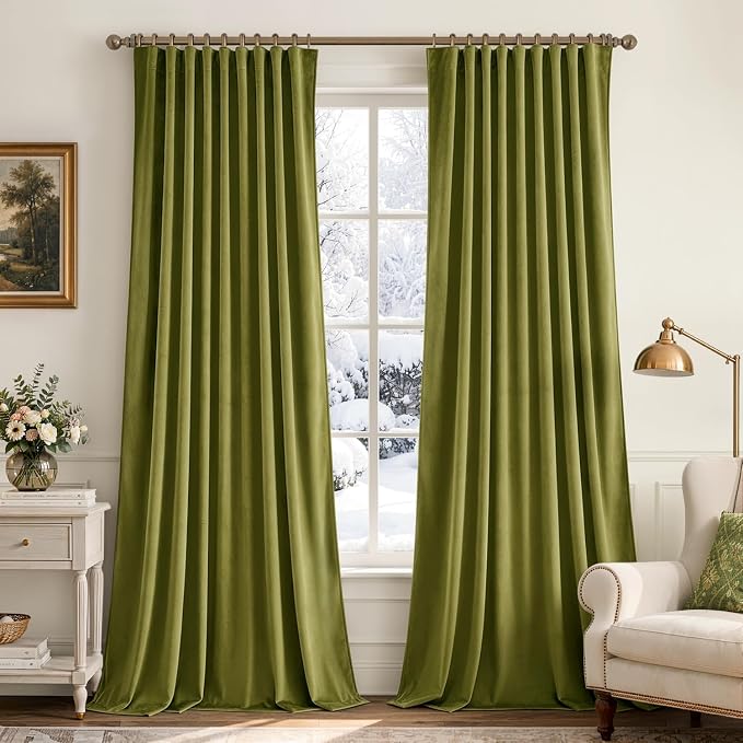 MIULEE Moss Green Velvet Pinch Pleat Blackout Curtains W52 X L84 Inches | 2 by MIULEE