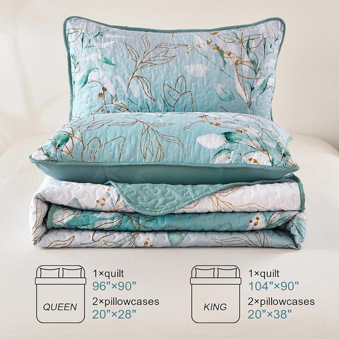 Aninbedding Floral King Quilt Set, 3 Piece Gradient Aqua Green Flower Pattern - Image 7