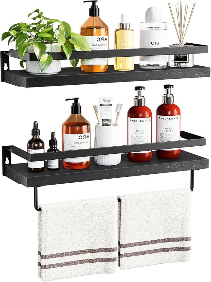 Amada Bathroom Shelves with Towel Bar, Protective Metal Guards, Paulownia Wood by AMADAHOMEFURNISHING