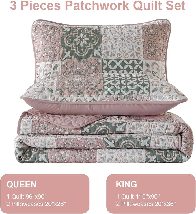 Quilt Set Queen Boho Plaid Patchwork Bedspreads Coverlet, Blush Pink | 3Pcs - Image 9