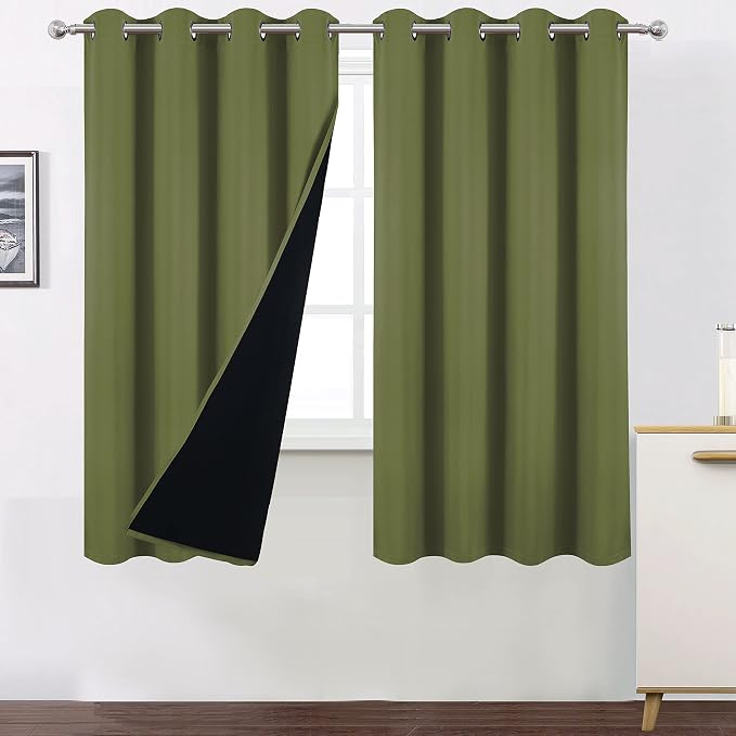 100% Blackout Curtains 52 x 63 Inch/Olive Green Curtains 2 Panels by Lemomo