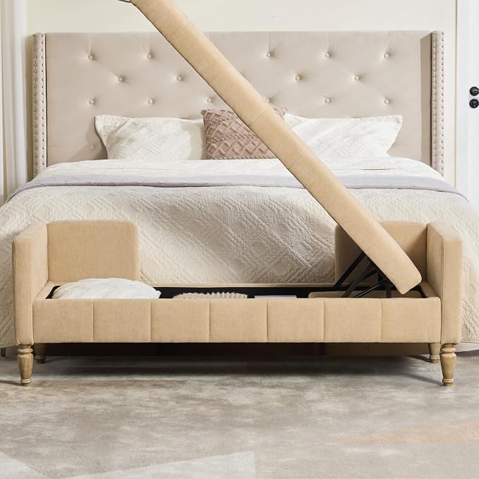 64.6" End of Bed Storage Bench for Bedroom, Sand. | Modern End of Bed Ottoman - Image 7